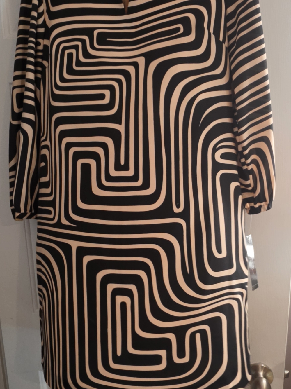 Tahari Black and Beige Asymmetrical Geometric Shift Dress